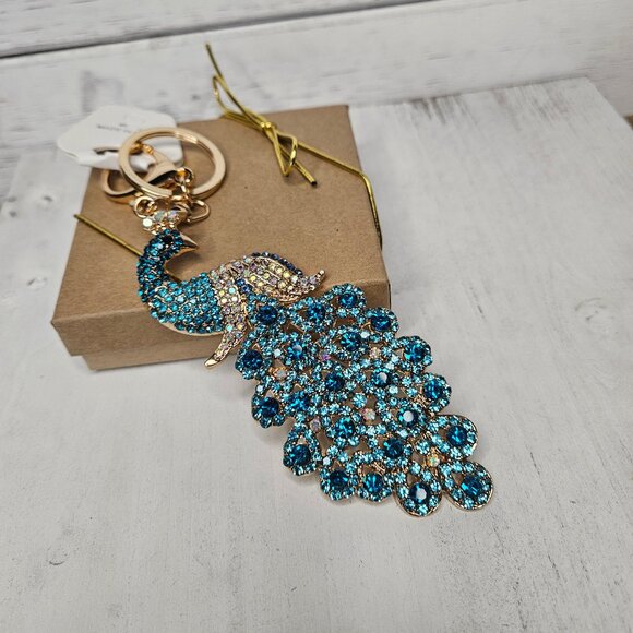 Large Blue color Rhinestone Peacock Bag Charm or Key Chain - Picture 1 of 4